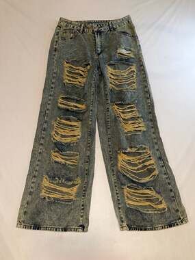 SHEIN ICON Women's Acid Wash Extreme Ripped Wide Leg Jeans